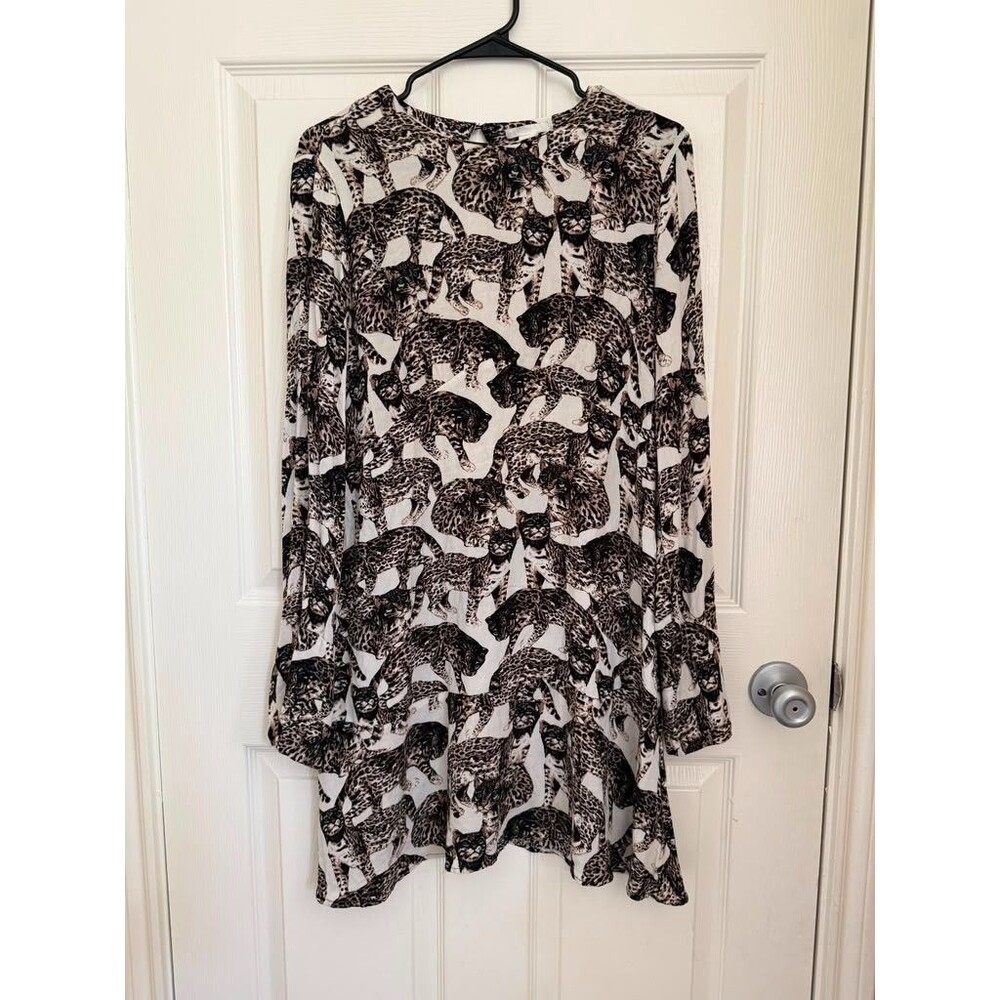 H&M Leopard Cat Print Shift Dress Women's US 10 EU 40 Long Sleeve Mini
